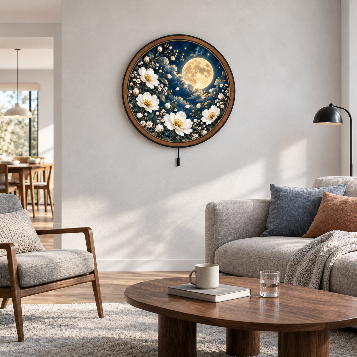 Moonlit White Garden – Golden Moon LED Wall Art