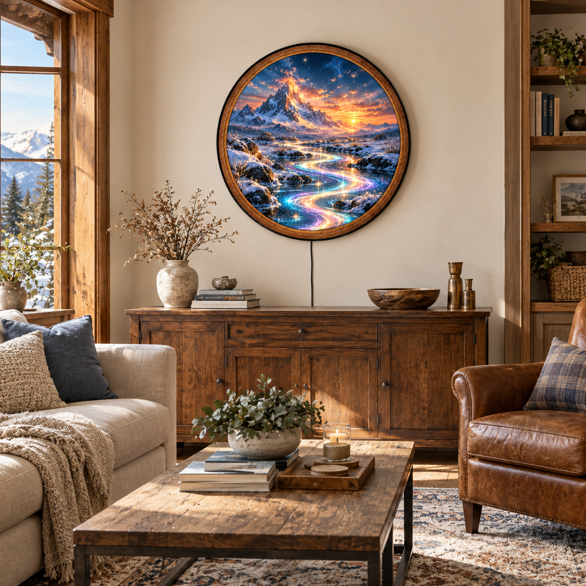 Handcrafted Magical River LED Wall Art – Rainbow Light Stream, Snowy Mountain Sunset & Fantasy Landscape