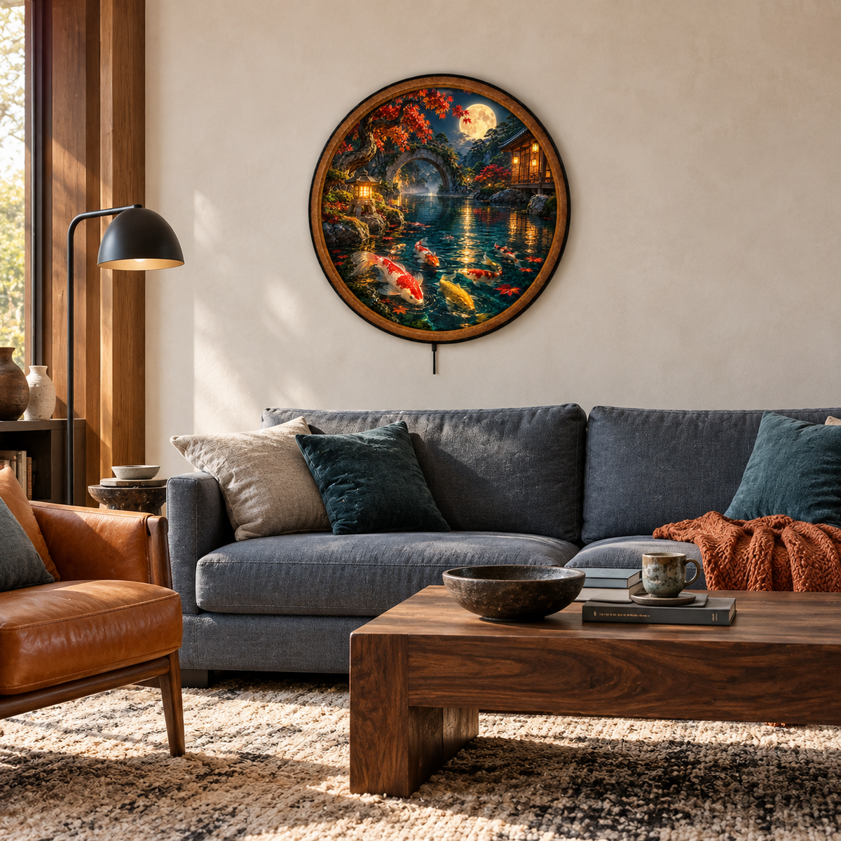 Moonlit Koi Garden – Handcrafted Round LED Wall Art
