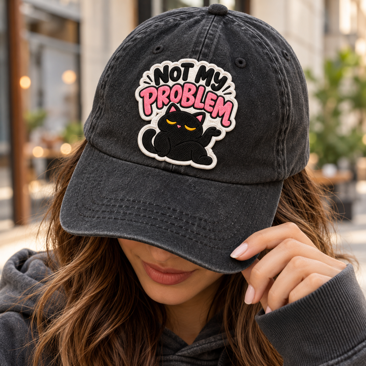 Not My Problem Black Cat Embroidered Iron-On Patch – Funny Cat Attitude Applique
