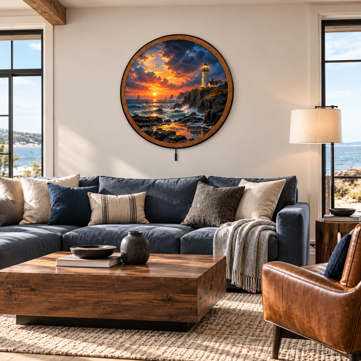 Stormy Lighthouse Sunset Coastal Circular LED Wall Art