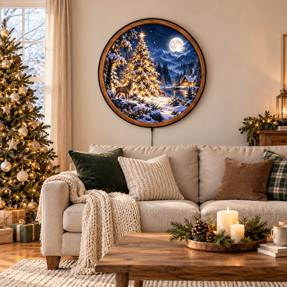 Handcrafted Golden Moon Tree Lake LED Wall Art