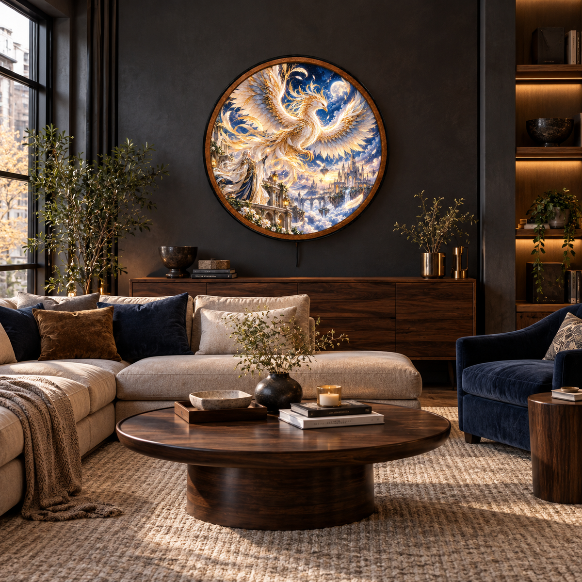 White & Gold Fantasy Phoenix, Heavenly Castle – Handcrafted LED Wall Art