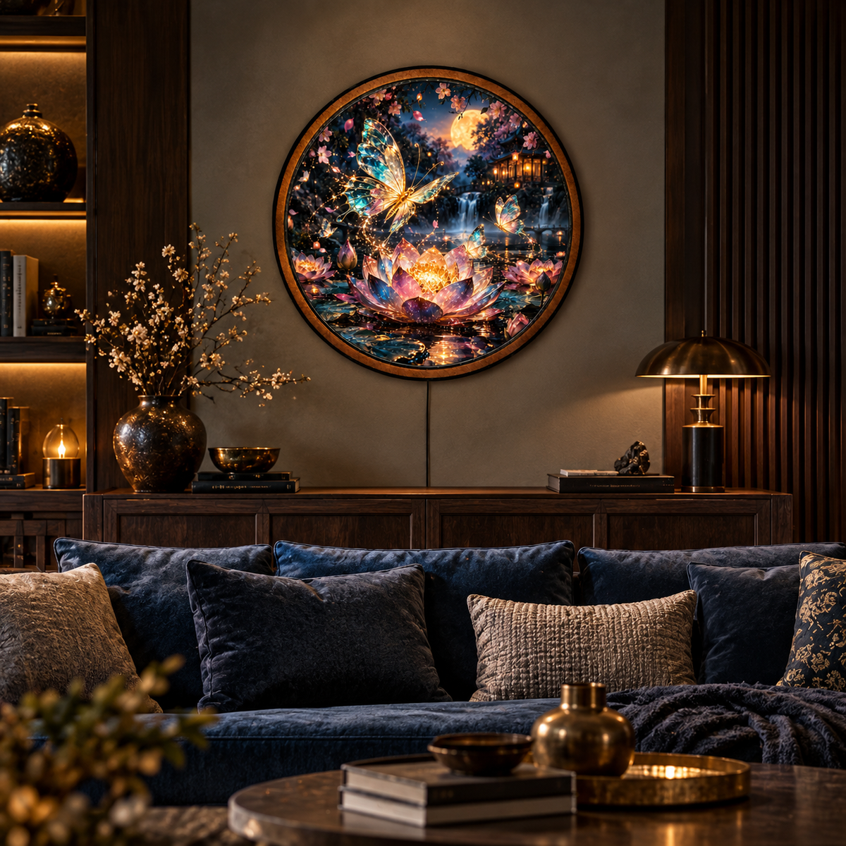 Handcrafted Enchanted Lotus & Glowing Butterflies LED Wall Art – Magical Moonlit Japanese Garden
