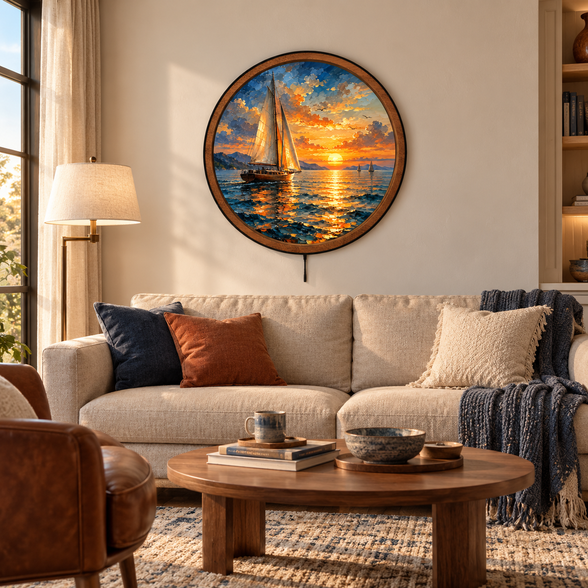 Handcrafted Golden Sunset Sailboat LED Wall Art