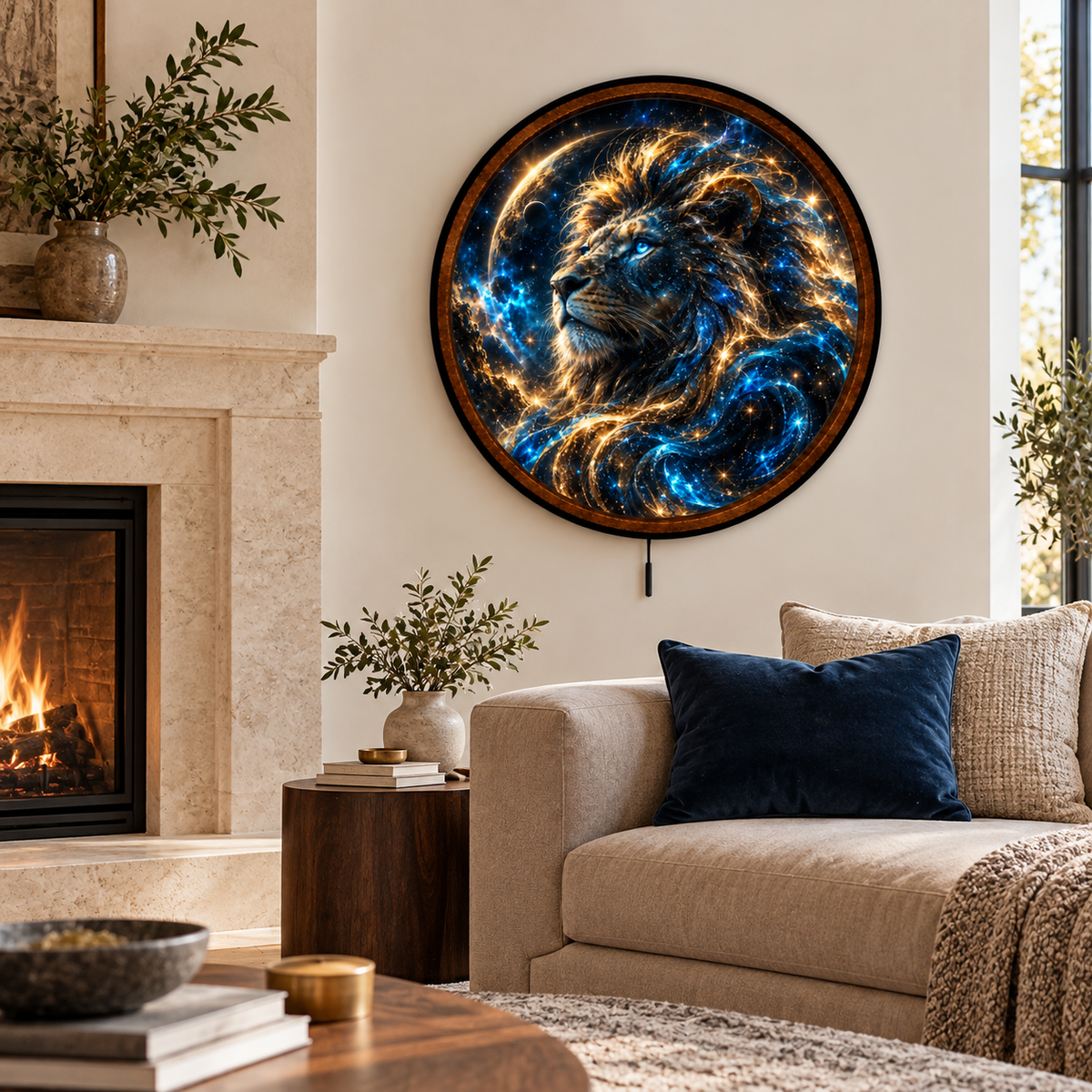 Celestial Lion – Handcrafted LED Wall Art | Majestic Cosmic Lion, Blue & Gold Galaxy Art | Fantasy Home Decor