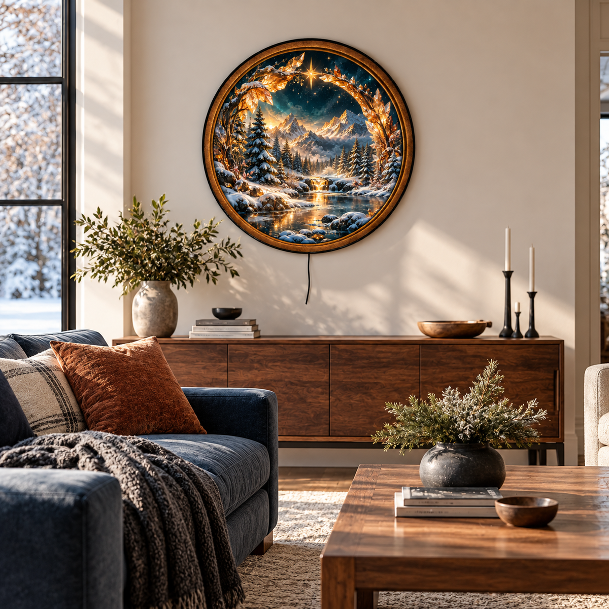 Handcrafted Winter Wonderland LED Wall Art – Crystal Arch, Golden Star & Snowy Mountain Landscape, Christmas