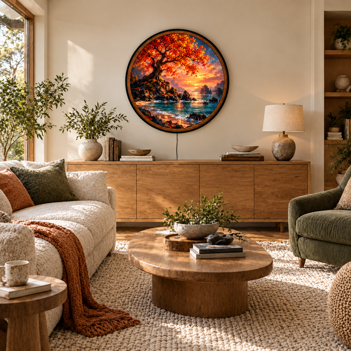 Autumn's Golden Shore – Handcrafted LED Wall Art | Red Maple Tree, Ocean Sunset & Coastal Landscape