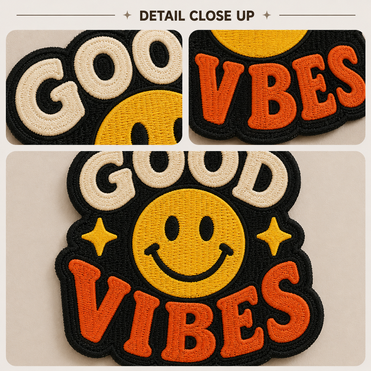 Good Vibes Smiley Face Embroidered Iron-On Patch – Retro Hippie Applique