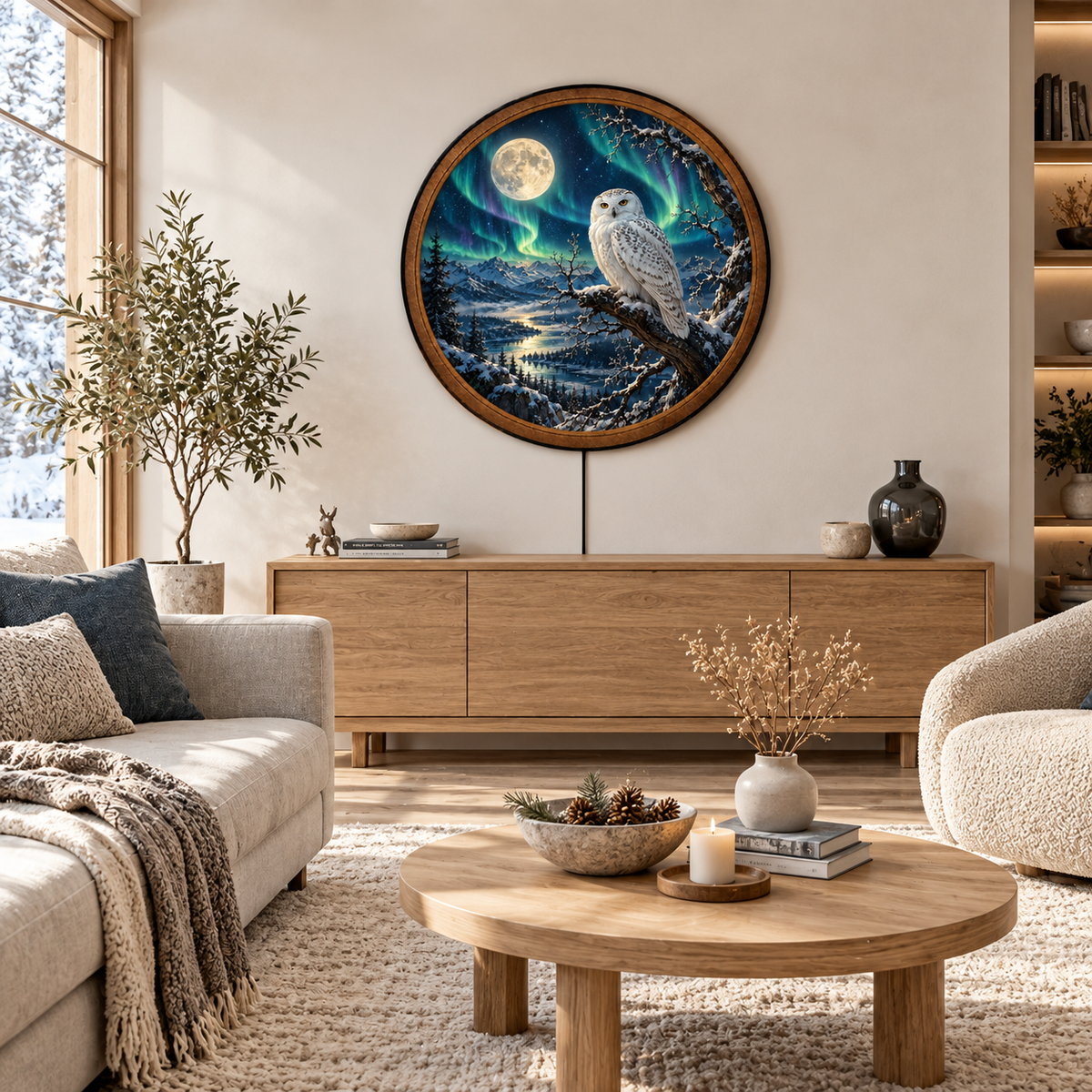 Handcrafted Snowy Owl LED Wall Art – Northern Lights & Full Moon, Winter Wildlife
