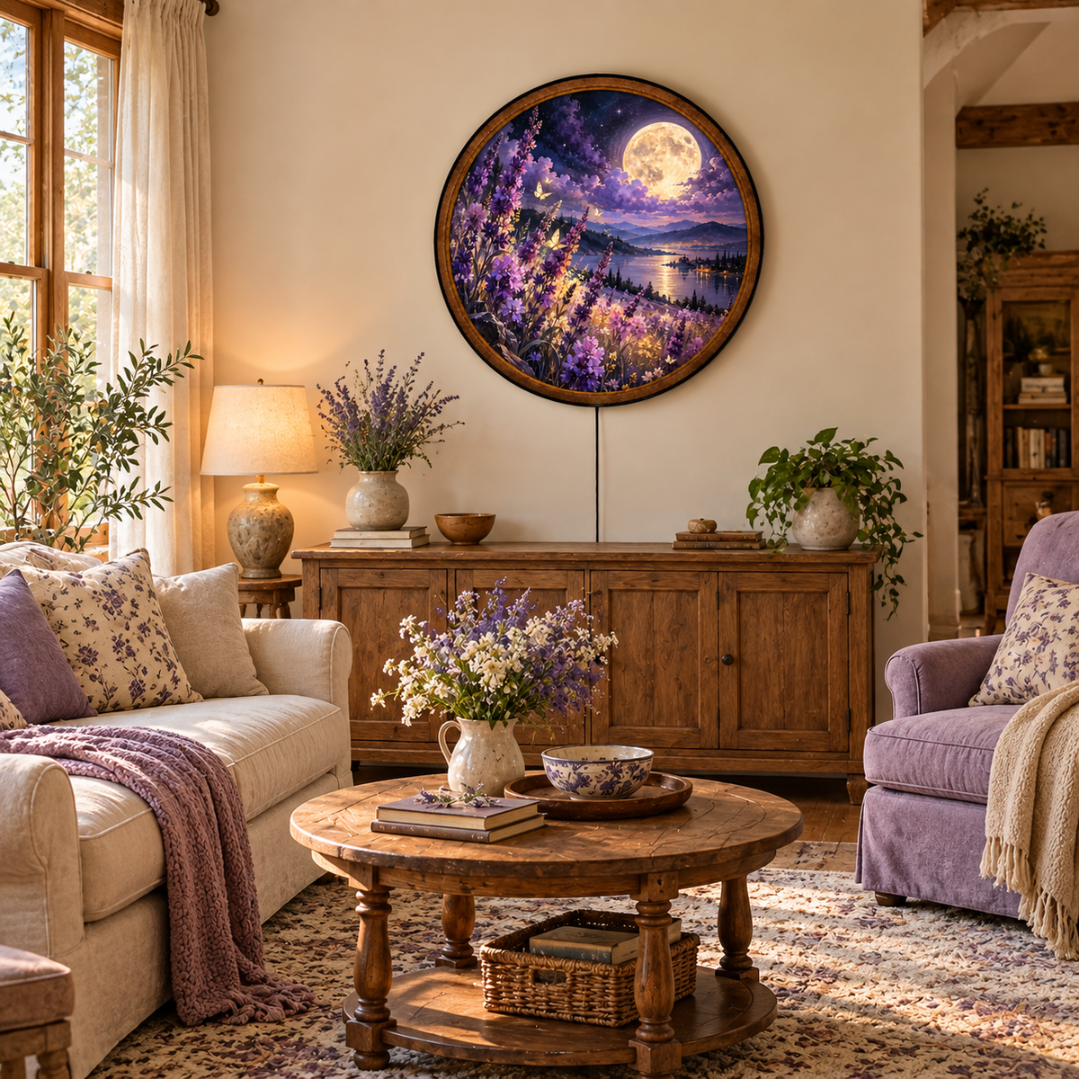 Handcrafted Lavender Moon LED Wall Art – Purple Wildflower Meadow & Full Moon, Dreamy Floral Night Sky Decor