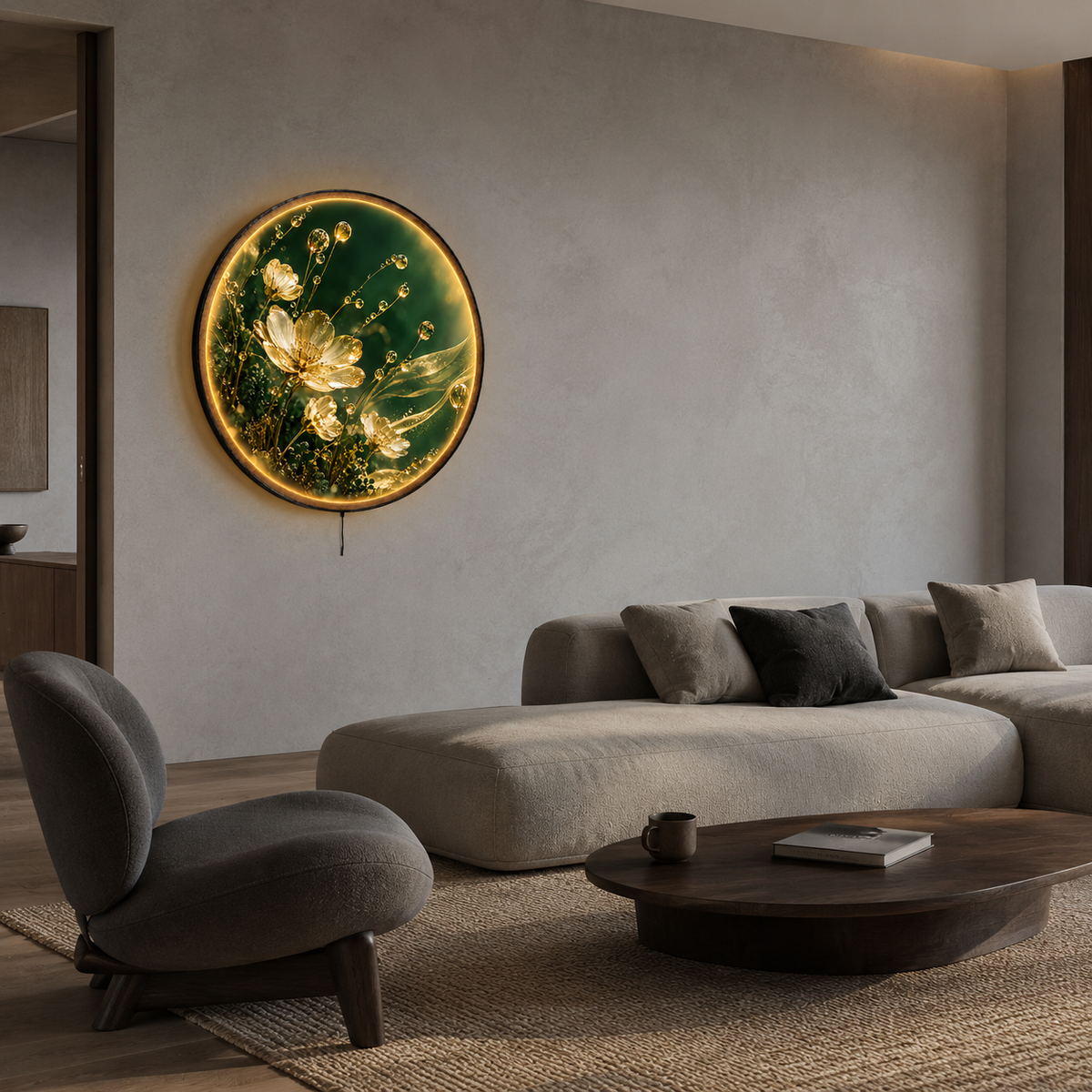 Golden Wildflowers & Dewdrops Circular LED Wall Art