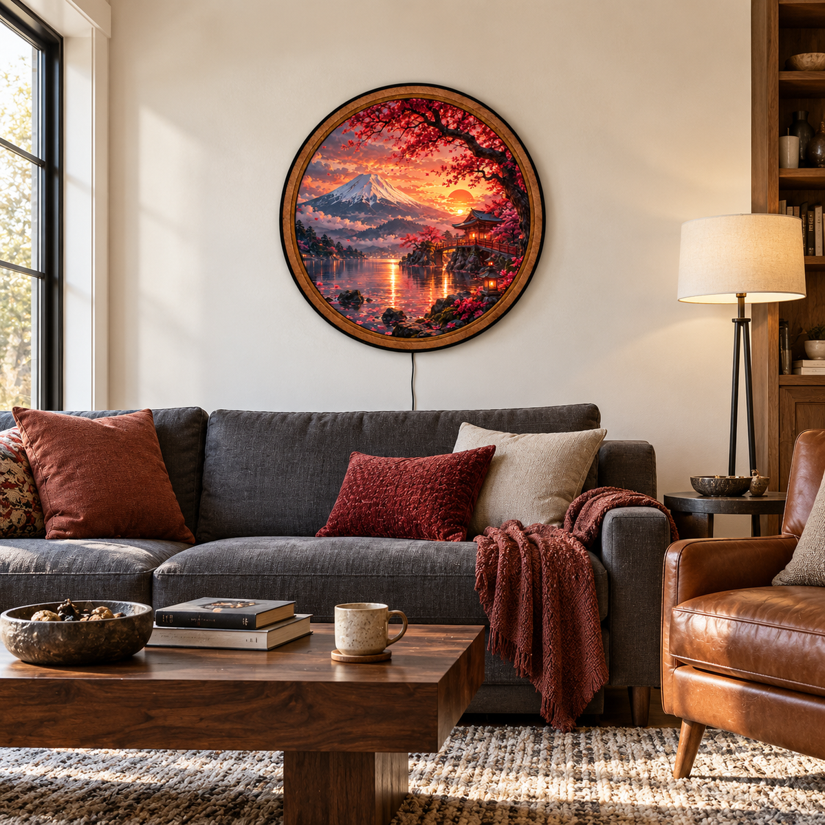 Crimson Sakura Sunset – Handcrafted LED Wall Art