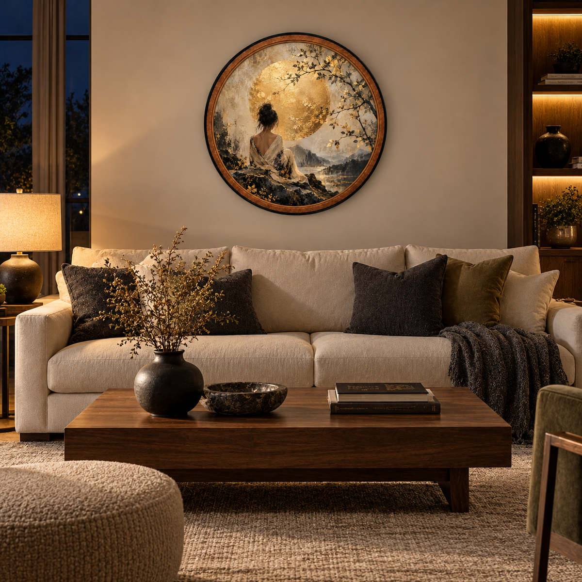 Golden Moon Serenity – Handcrafted Round LED Wall Art
