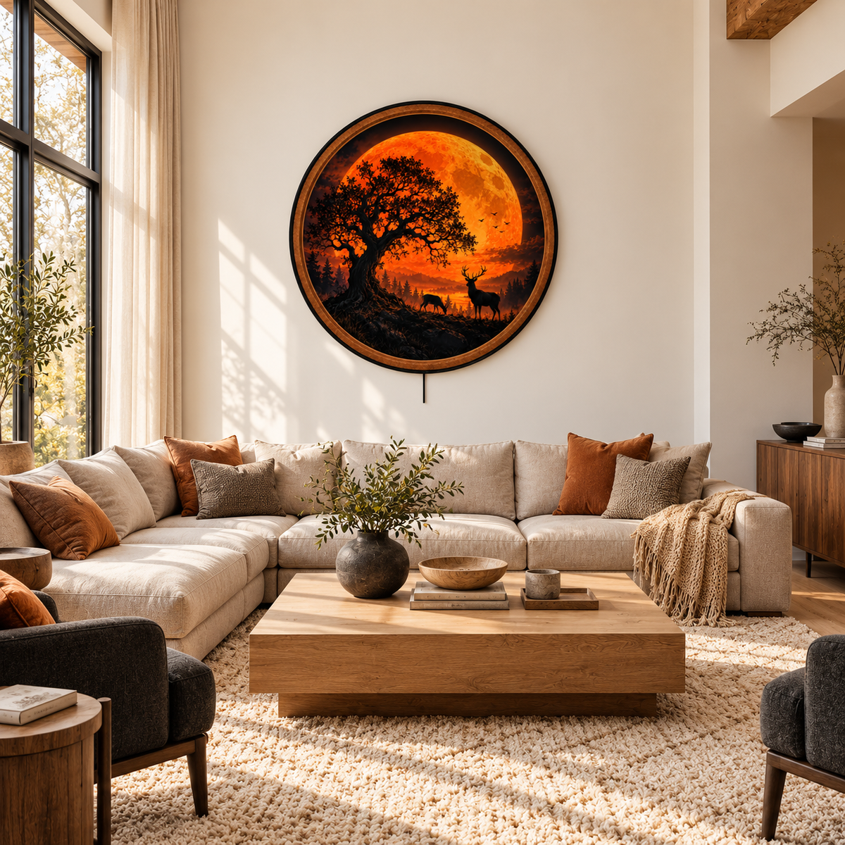 Harvest Moon Stag – Handcrafted Round LED Wall Art