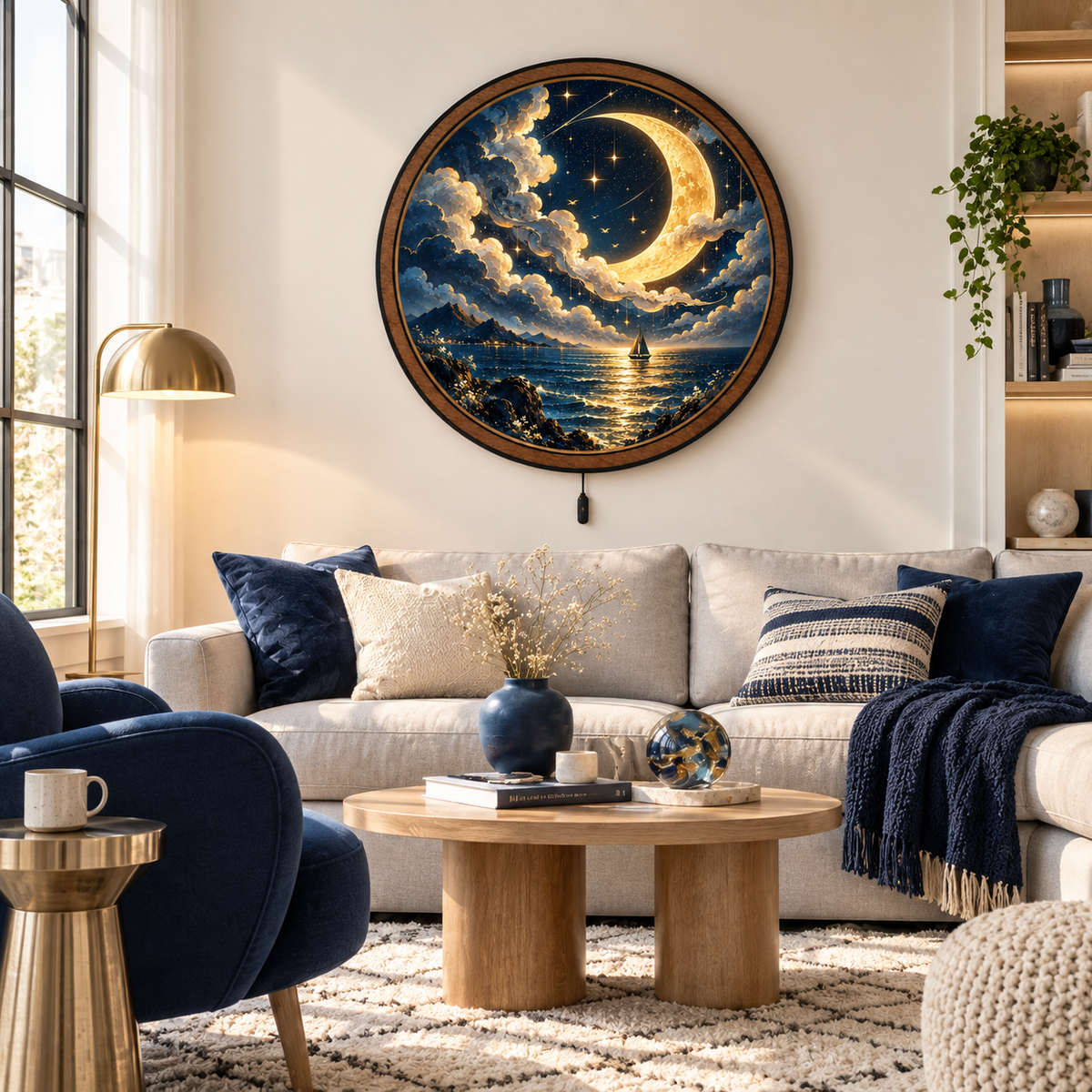 Golden Crescent Voyage – Moonlit Ocean LED Wall Art
