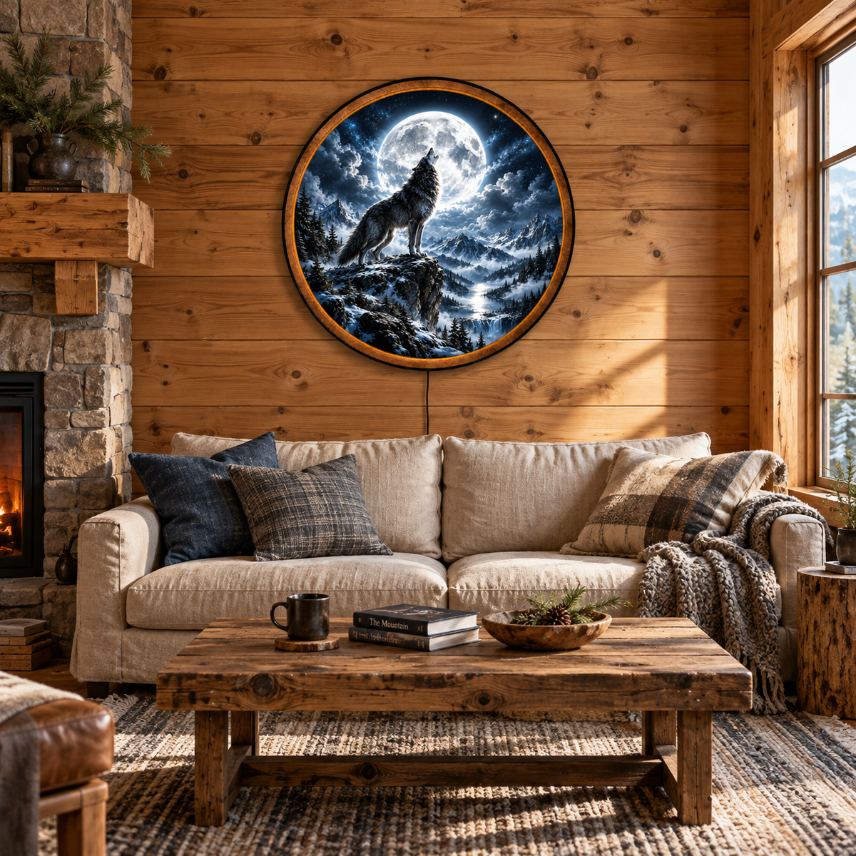 Handcrafted Howling Wolf LED Wall Art – Full Moon Wolf & Snowy Mountain Fantasy