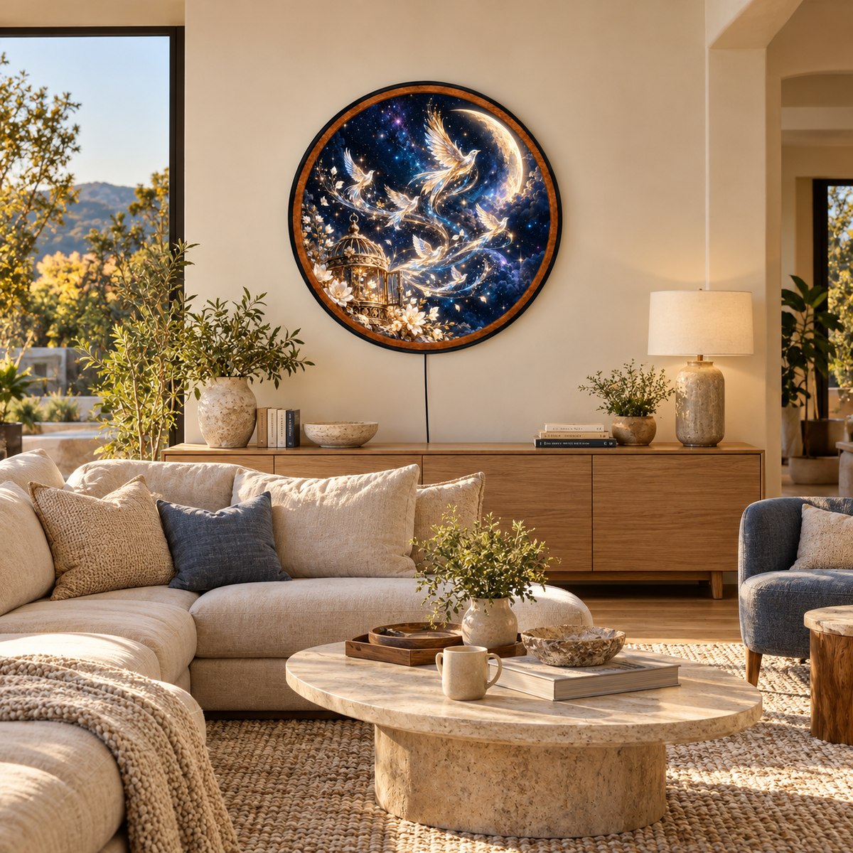 Celestial Wings of Freedom – Handcrafted Round LED Wall Art
