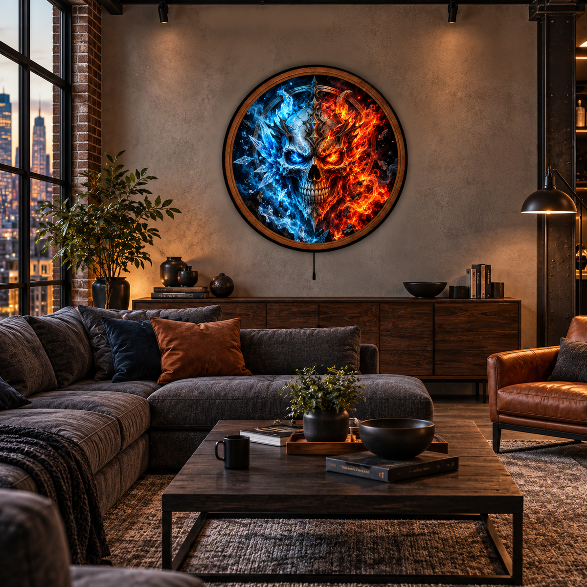 Infernal Frost – Handcrafted Fire & Ice Skull LED Wall Art | Gothic Fantasy Decor
