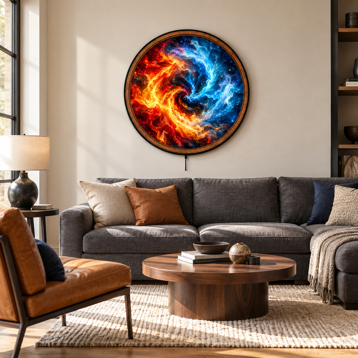 Fire & Ice Elemental Vortex – Abstract Round LED Wall Art