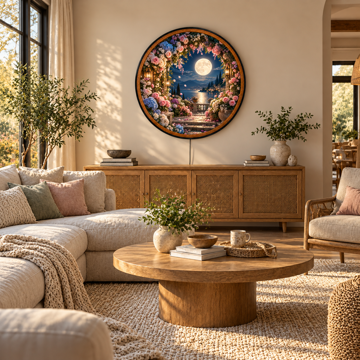 Moonlit Rose Garden – Handcrafted Round LED Wall Art