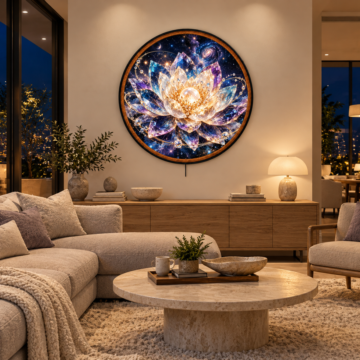 Celestial Crystal Lotus – Handcrafted Round LED Wall Art