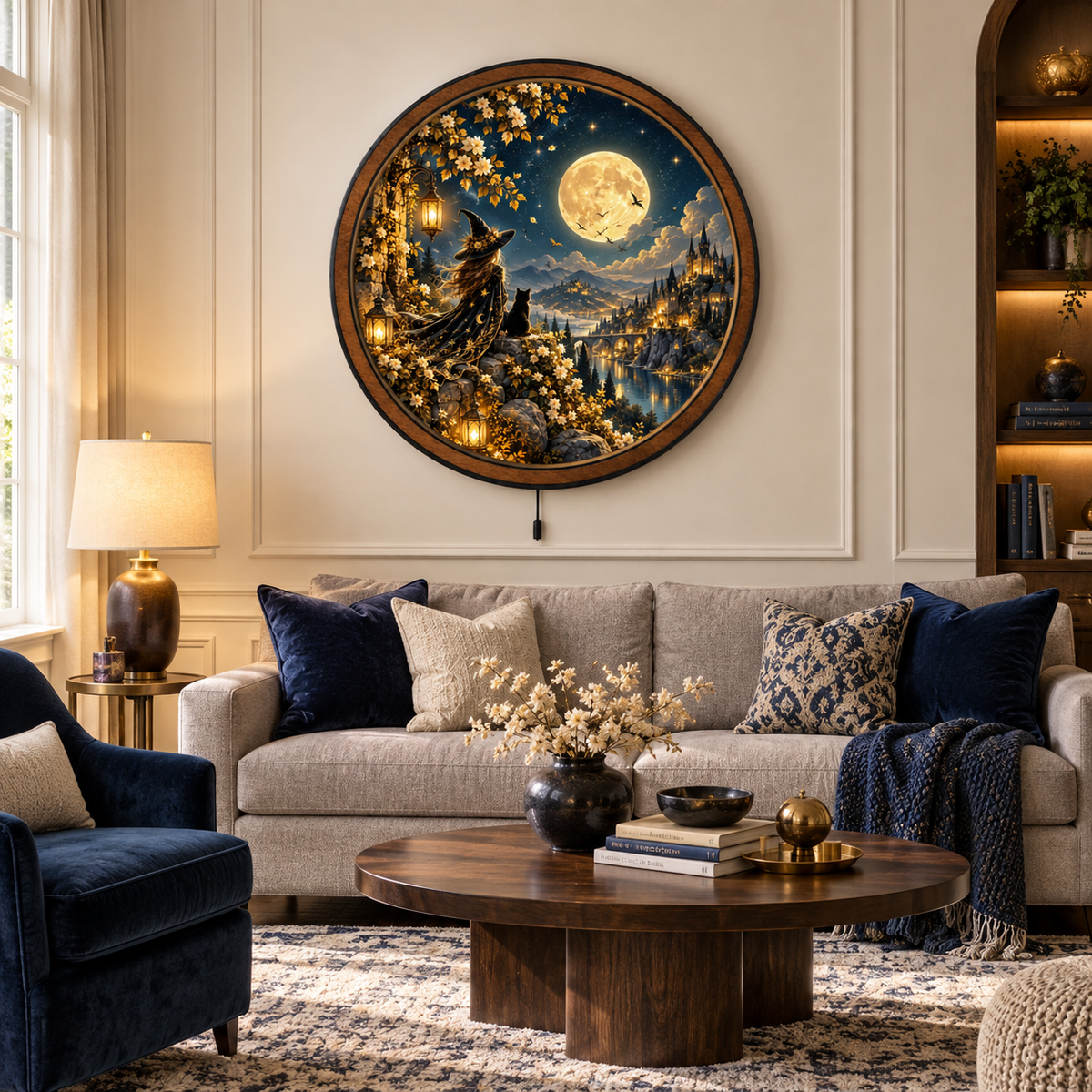 Moonlit Witch & Black Cat – Fantasy LED Wall Art