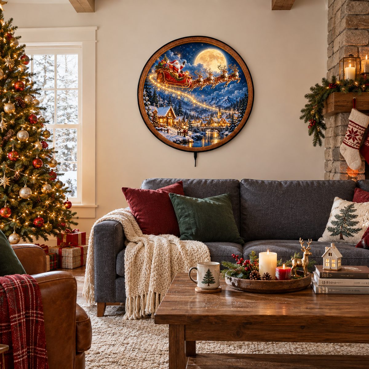 Santa's Moonlit Flight – Handcrafted LED Wall Art
