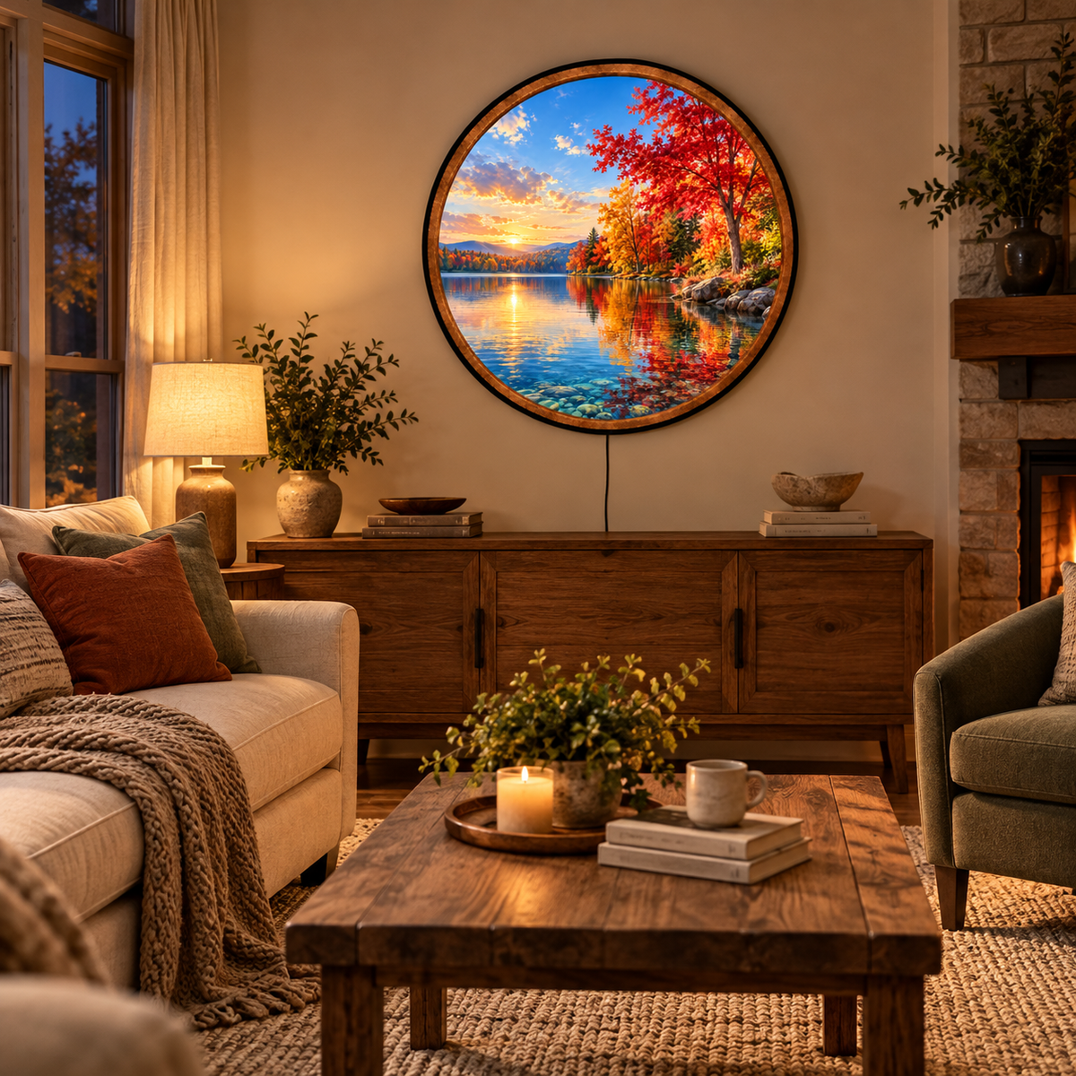 Autumn Lake Sunset – Handcrafted Round LED Wall Art