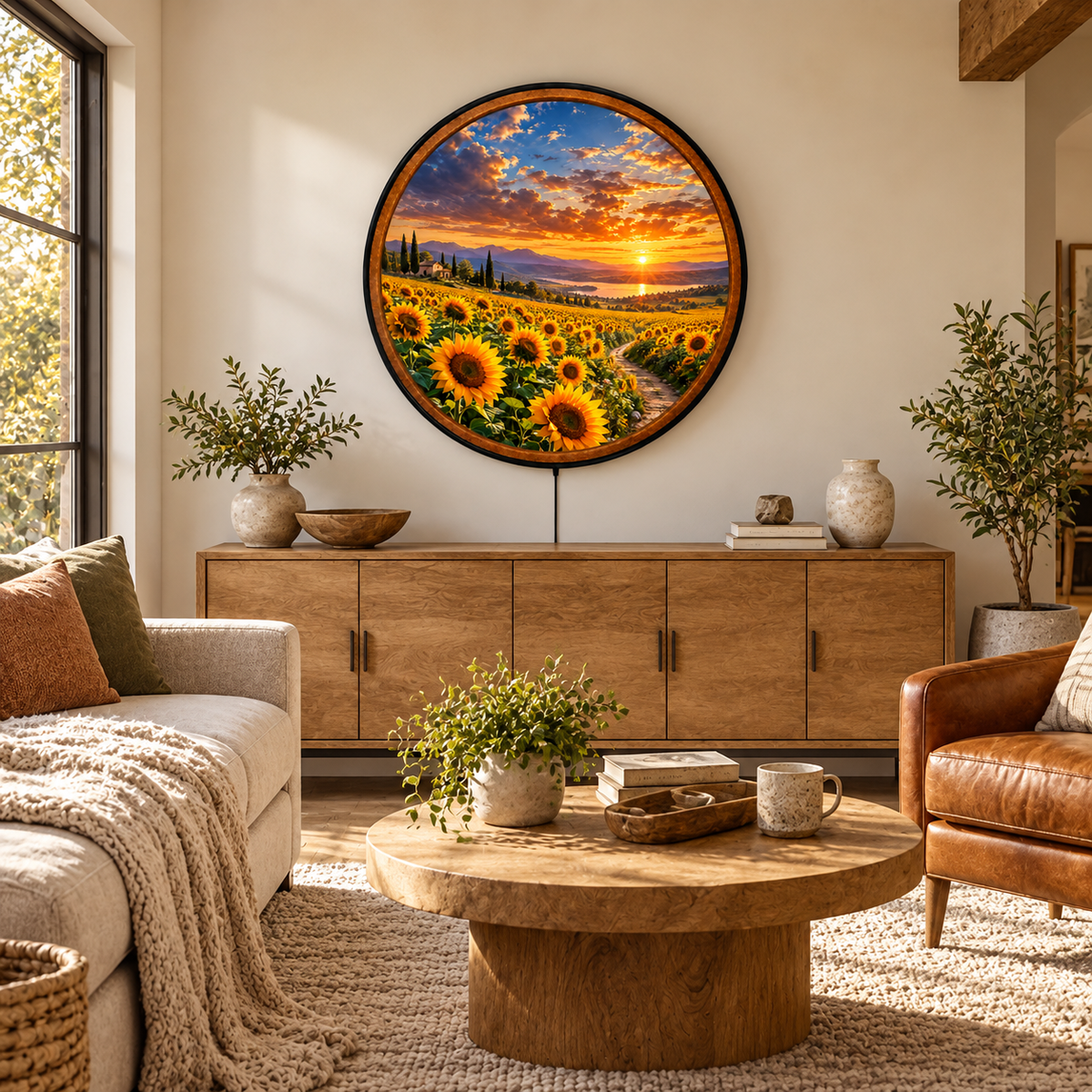 Golden Sunflower Sunset – Handcrafted Round LED Wall Art