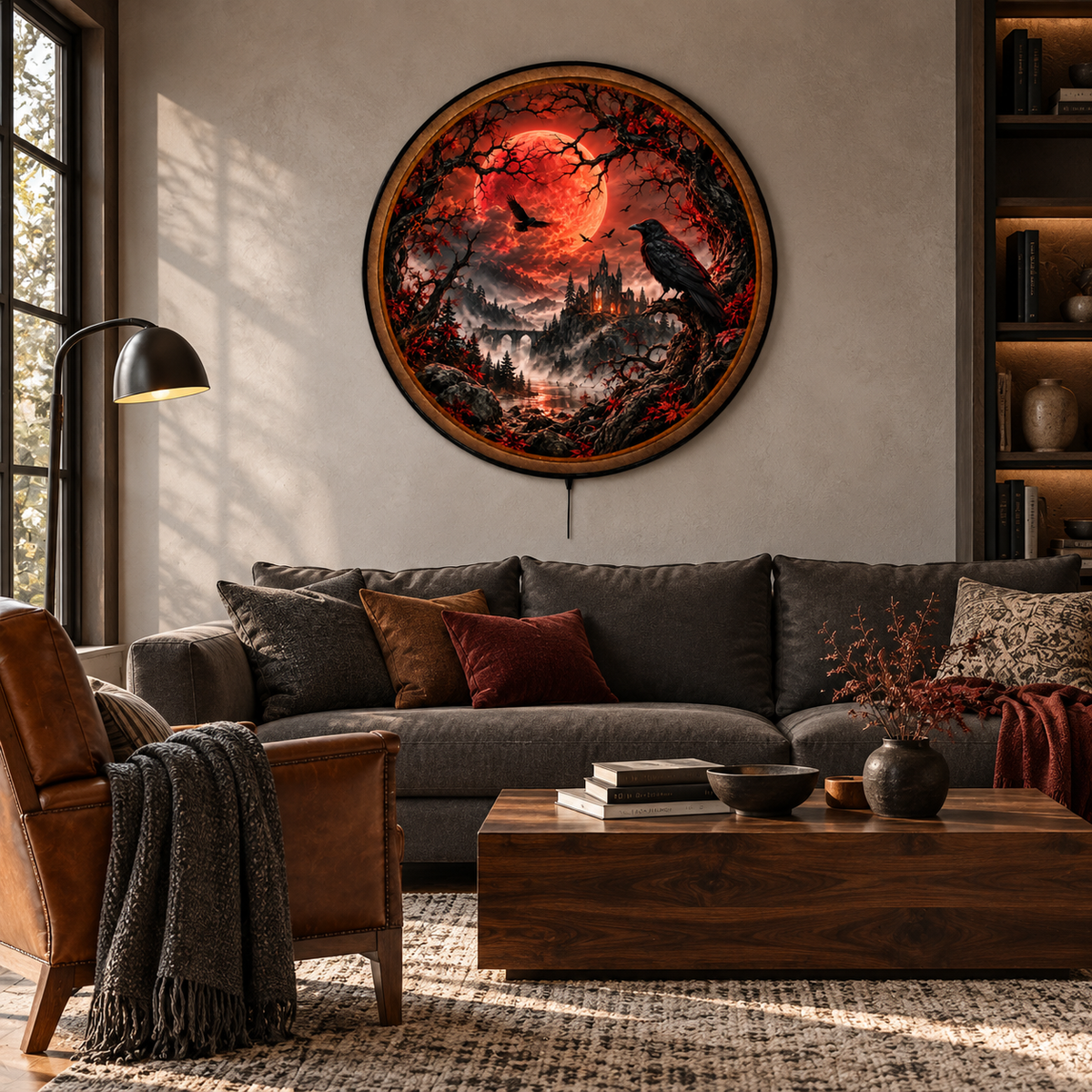 Crimson Moon Raven Gothic Castle Circular LED Wall Art