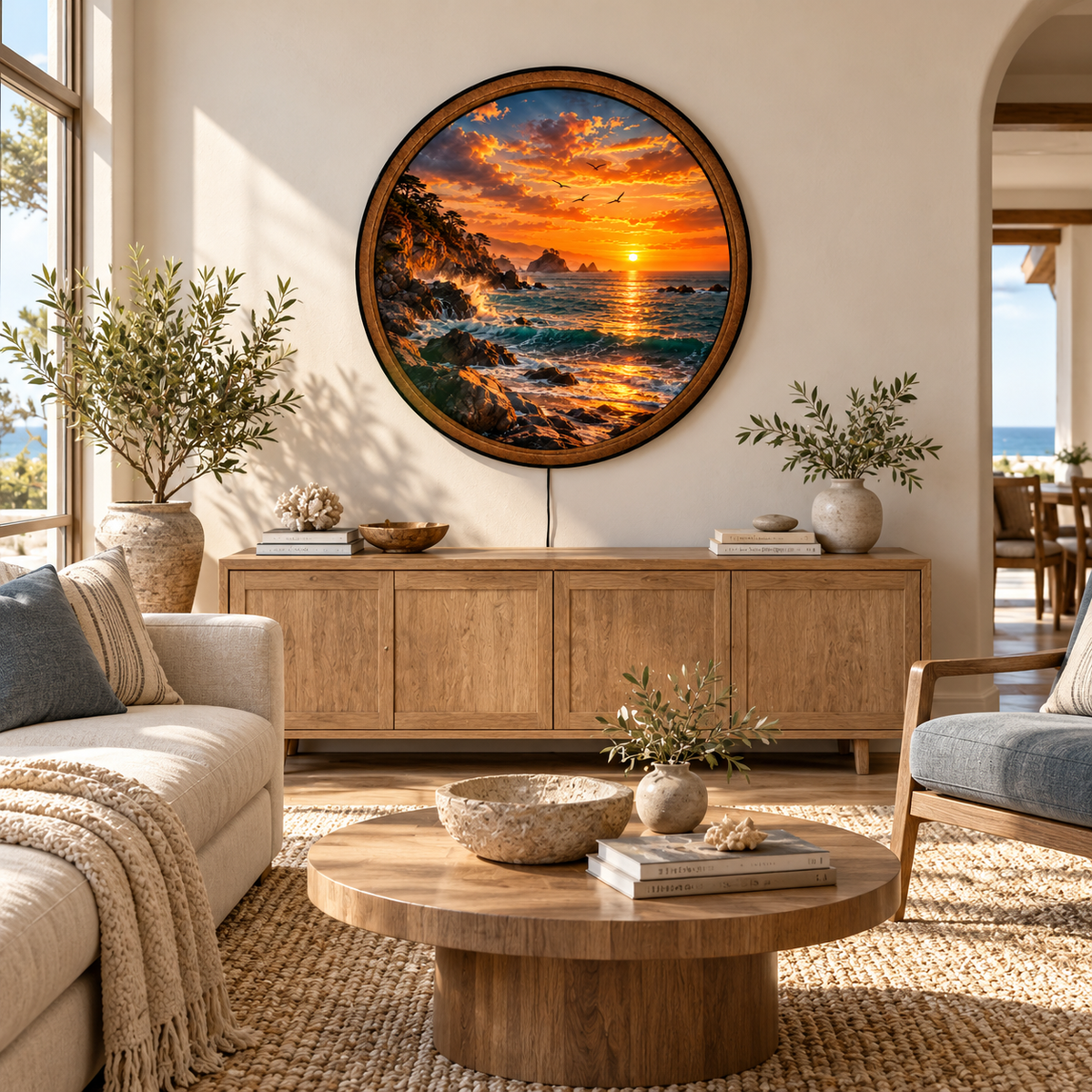 Handcrafted Ocean Sunset LED Wall Art – Golden Coastal Sunset & Rocky Beach