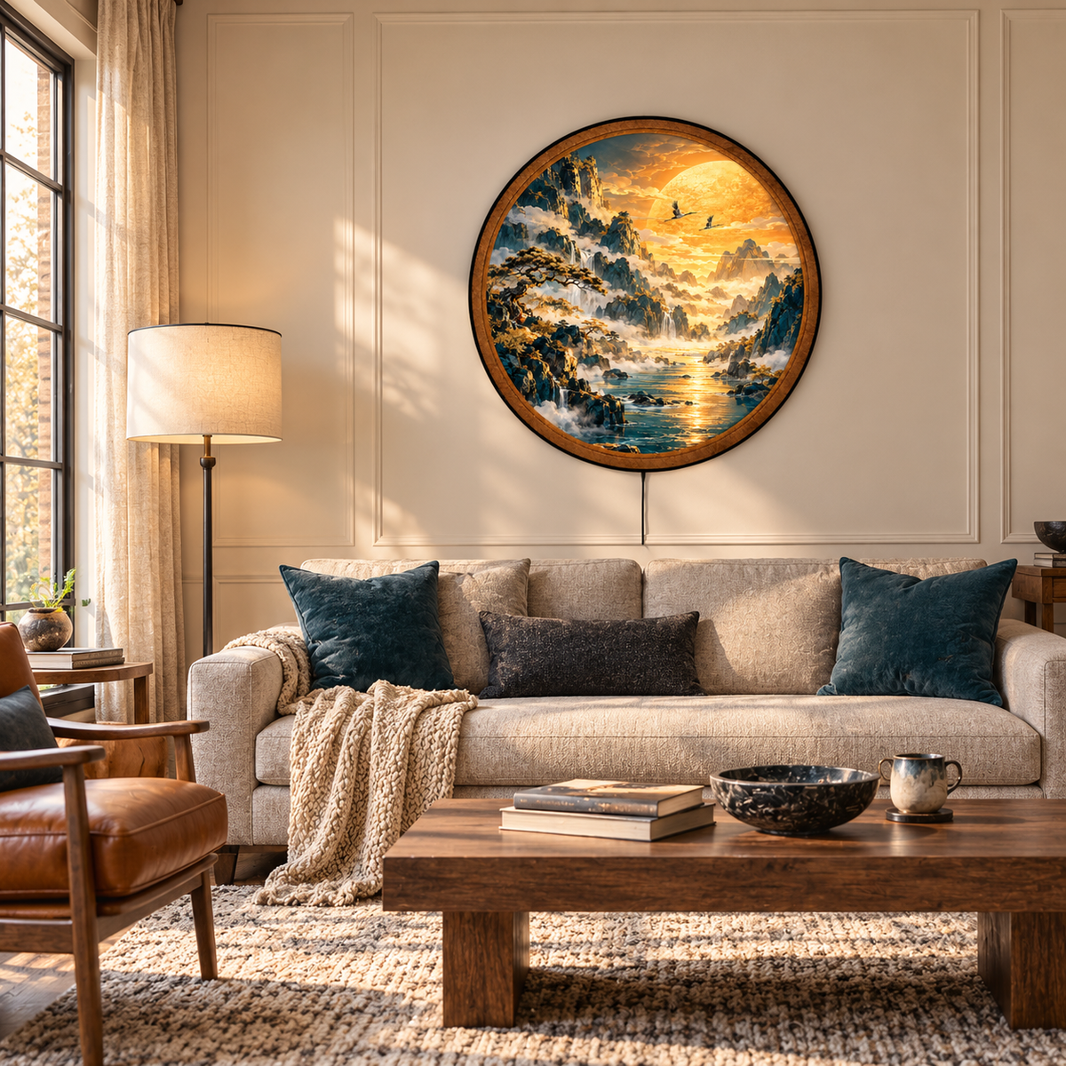 Golden Mountain Serenity – Handcrafted Round LED Wall Art