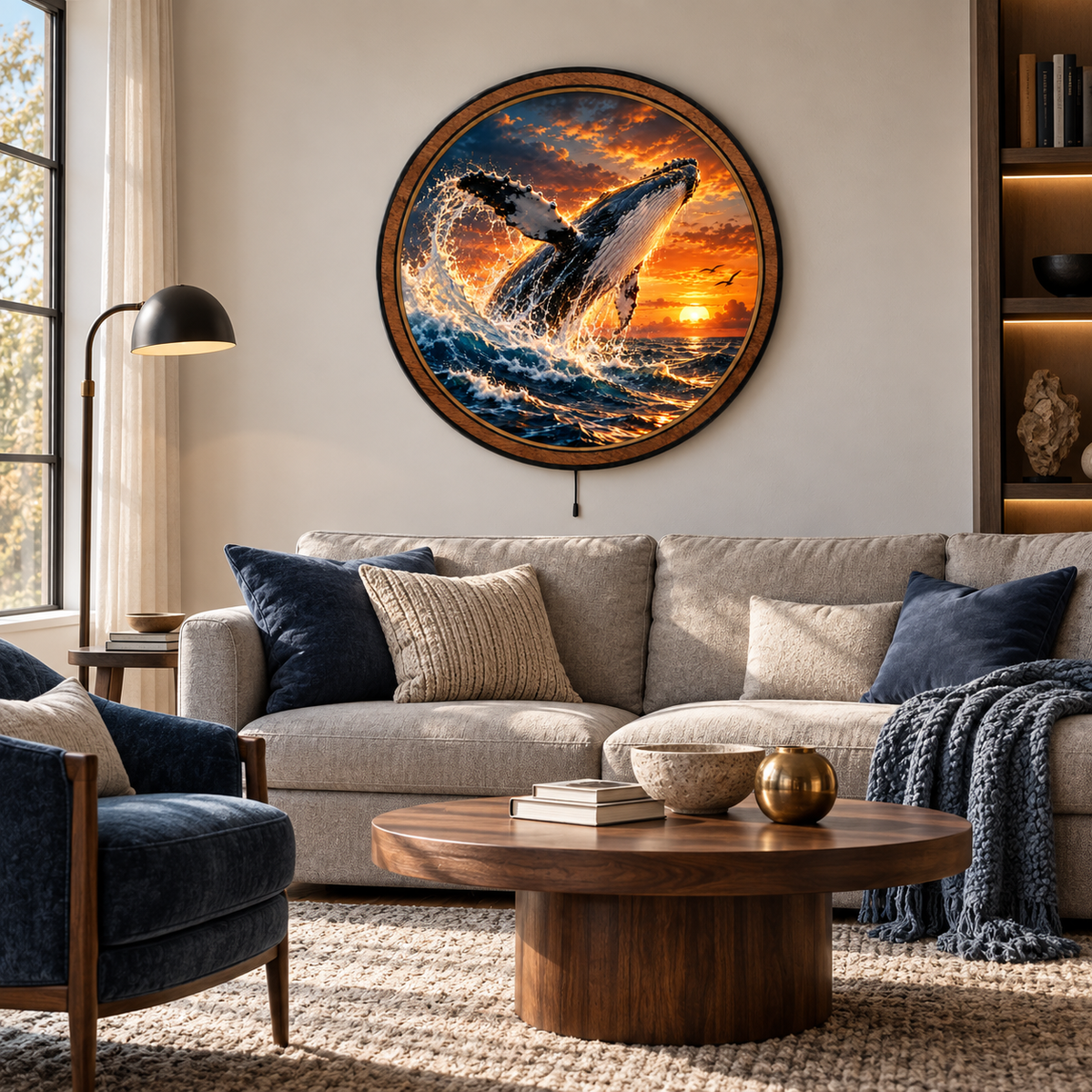 Breaching Humpback Whale Sunset Circular LED Wall Art