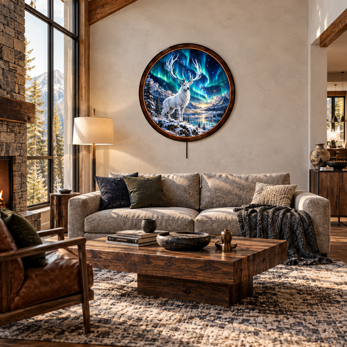 Handcrafted White Stag Northern Lights LED Wall Art