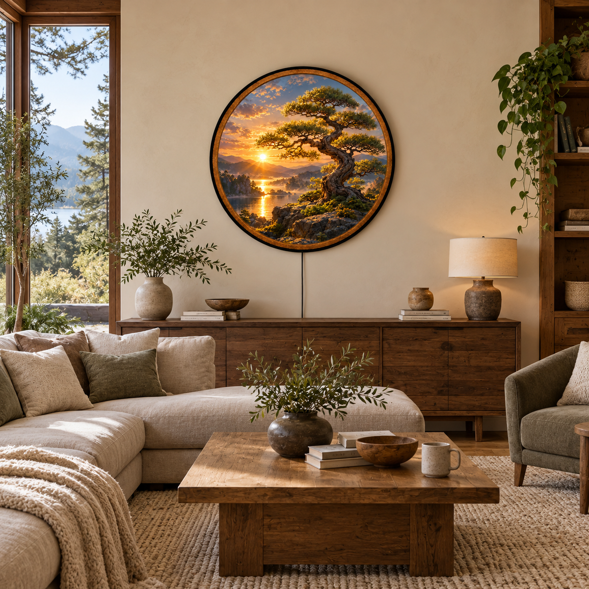 Golden Sunset Bonsai – Handcrafted Round LED Wall Art