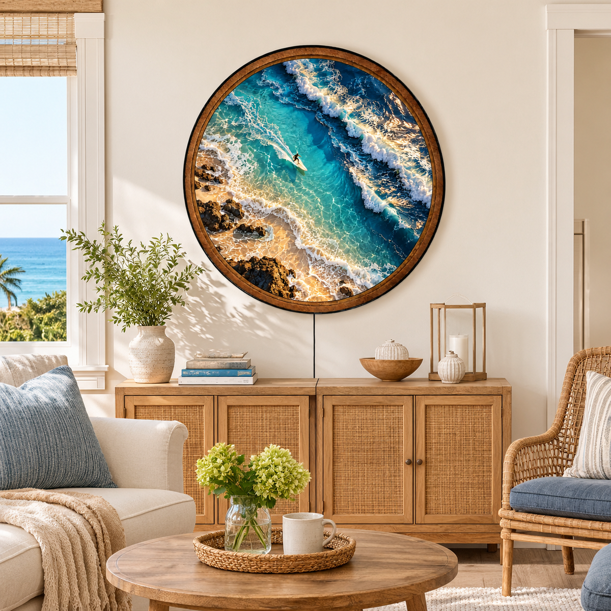 Handcrafted Ocean Waves LED Wall Art – Aerial Surfer & Turquoise Coastal Landscape, Beach House