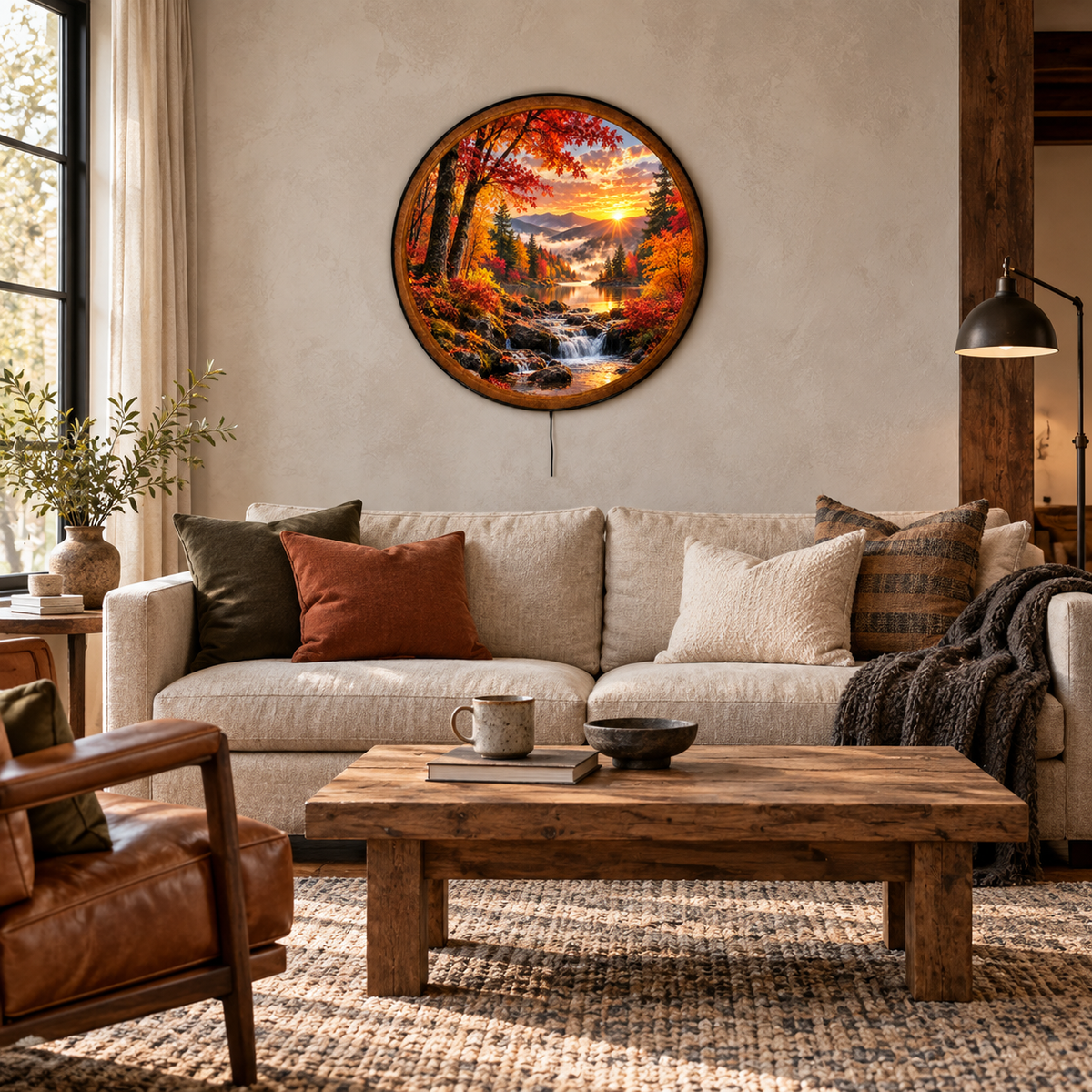 Handcrafted Autumn Mountain Sunrise LED Wall Art