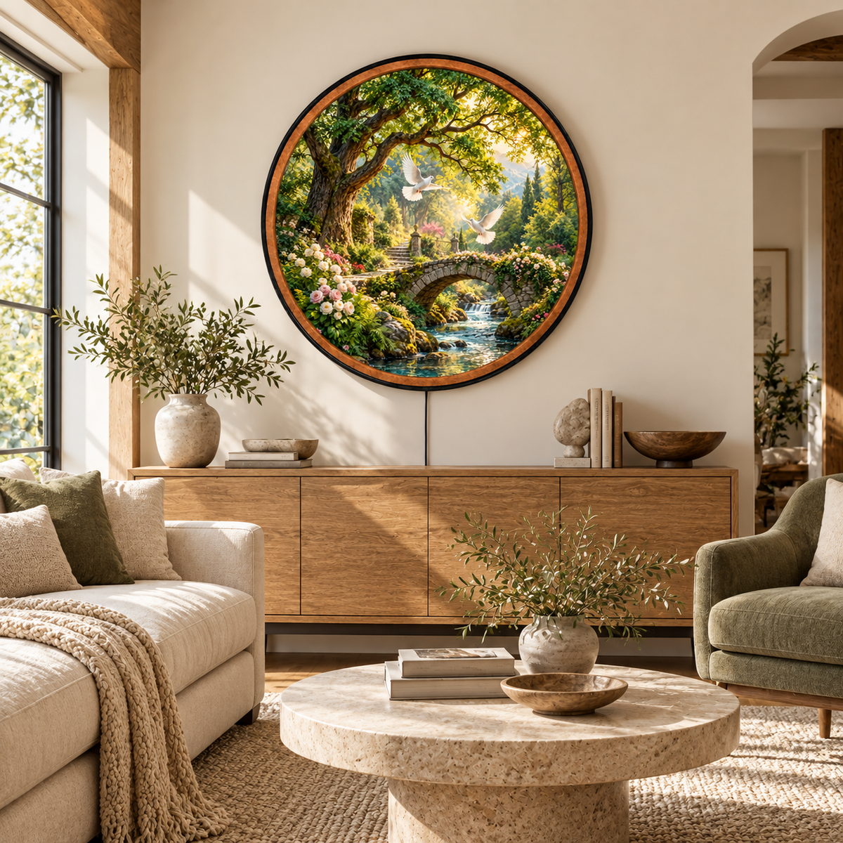 Garden of Peace – Handcrafted LED Wall Art | White Doves, Stone Bridge & Enchanted Garden Landscape