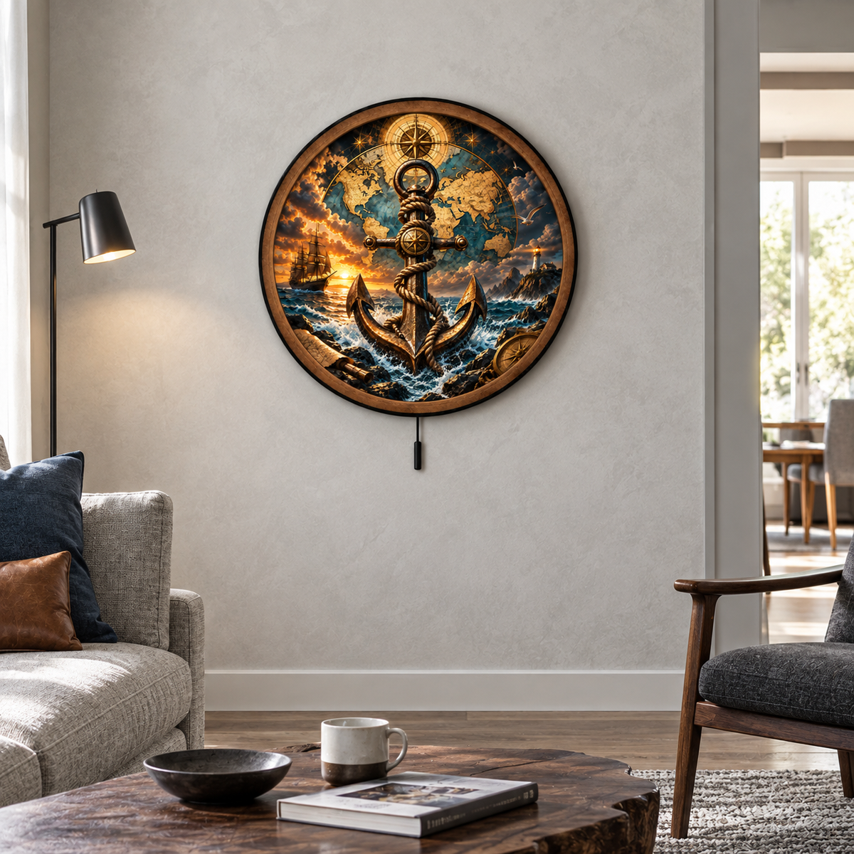 Golden Voyager Anchor – Nautical Compass LED Wall Art