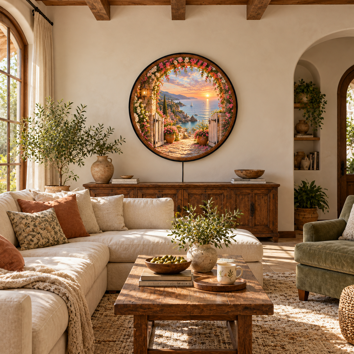 Golden Hour Gateway – Handcrafted Round LED Wall Art