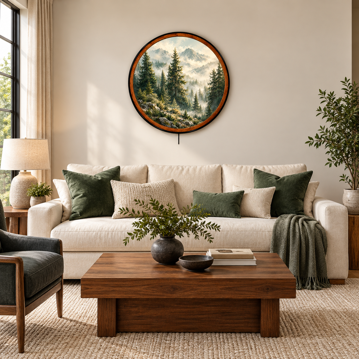 Misty Evergreen Forest – Handcrafted Round LED Wall Art