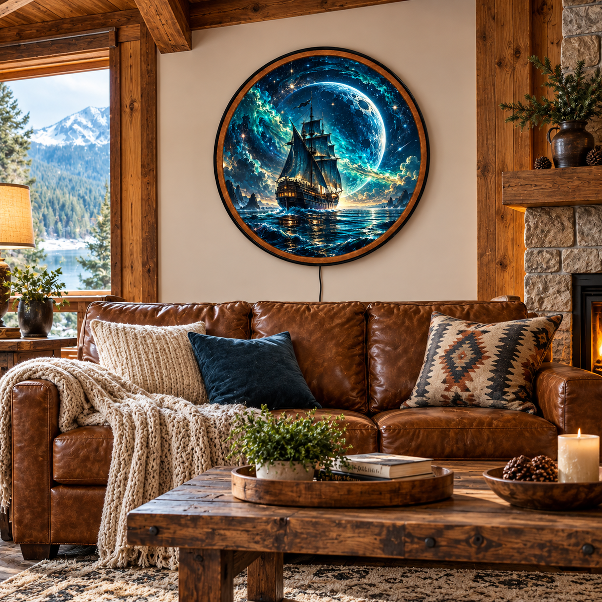 Celestial Voyage – Handcrafted LED Wall Art | Fantasy Sailing Ship & Cosmic Moon Decor
