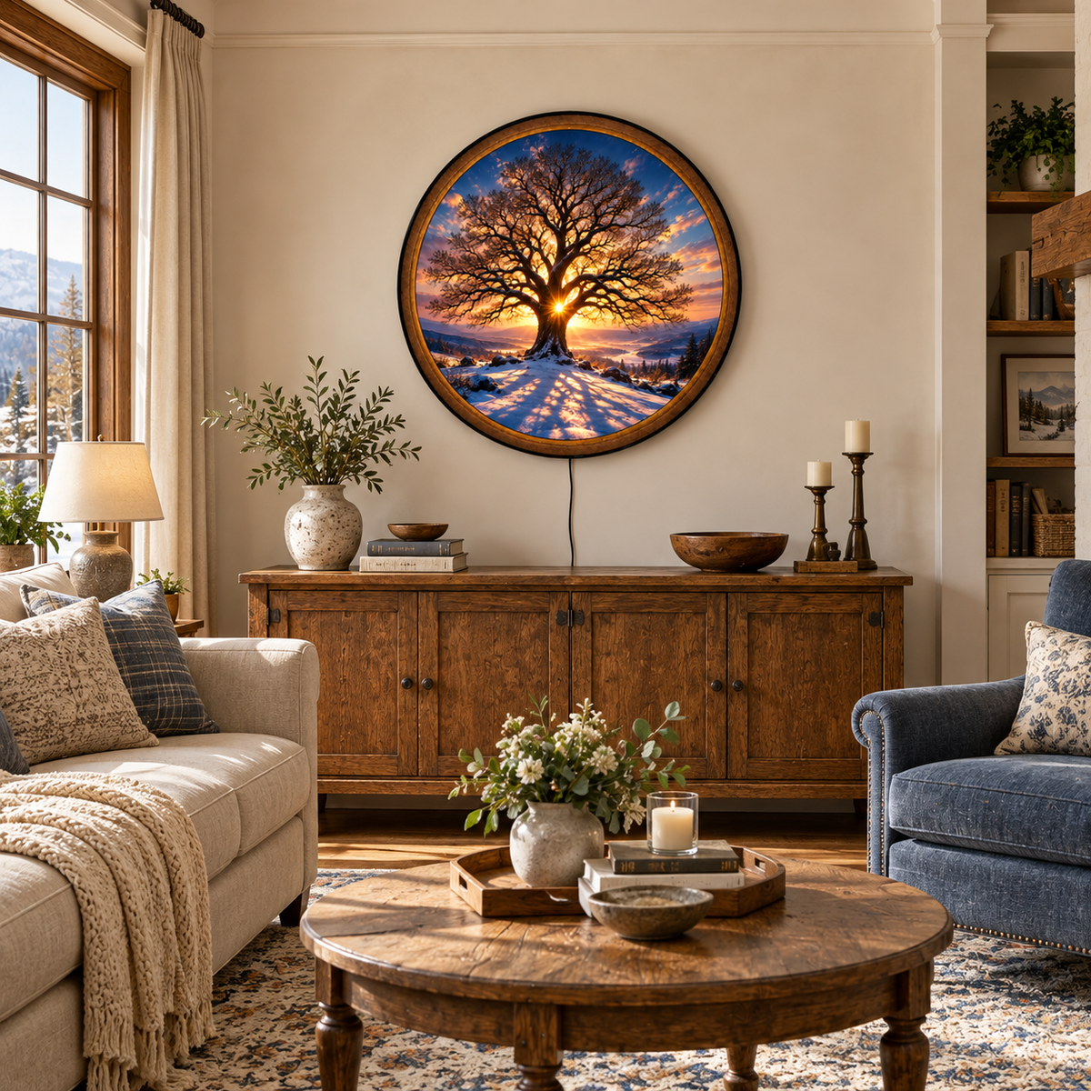Handcrafted Tree of Life LED Wall Art – Winter Oak Tree at Golden Sunset, Rustic Nature