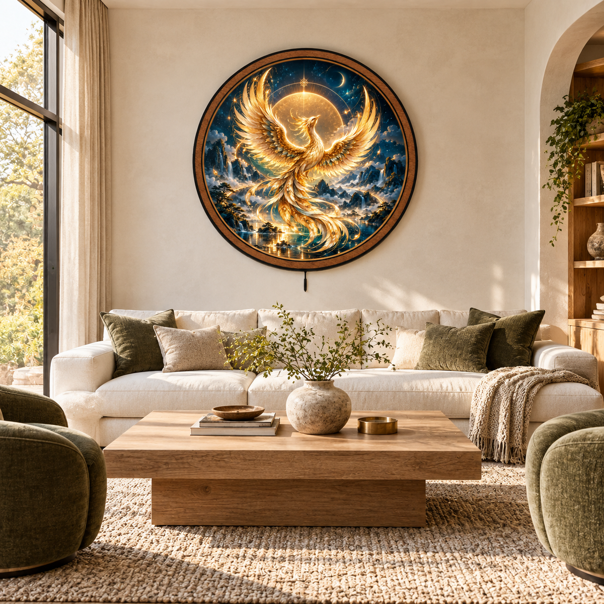 Celestial Phoenix – Golden Moon Fantasy LED Wall Art