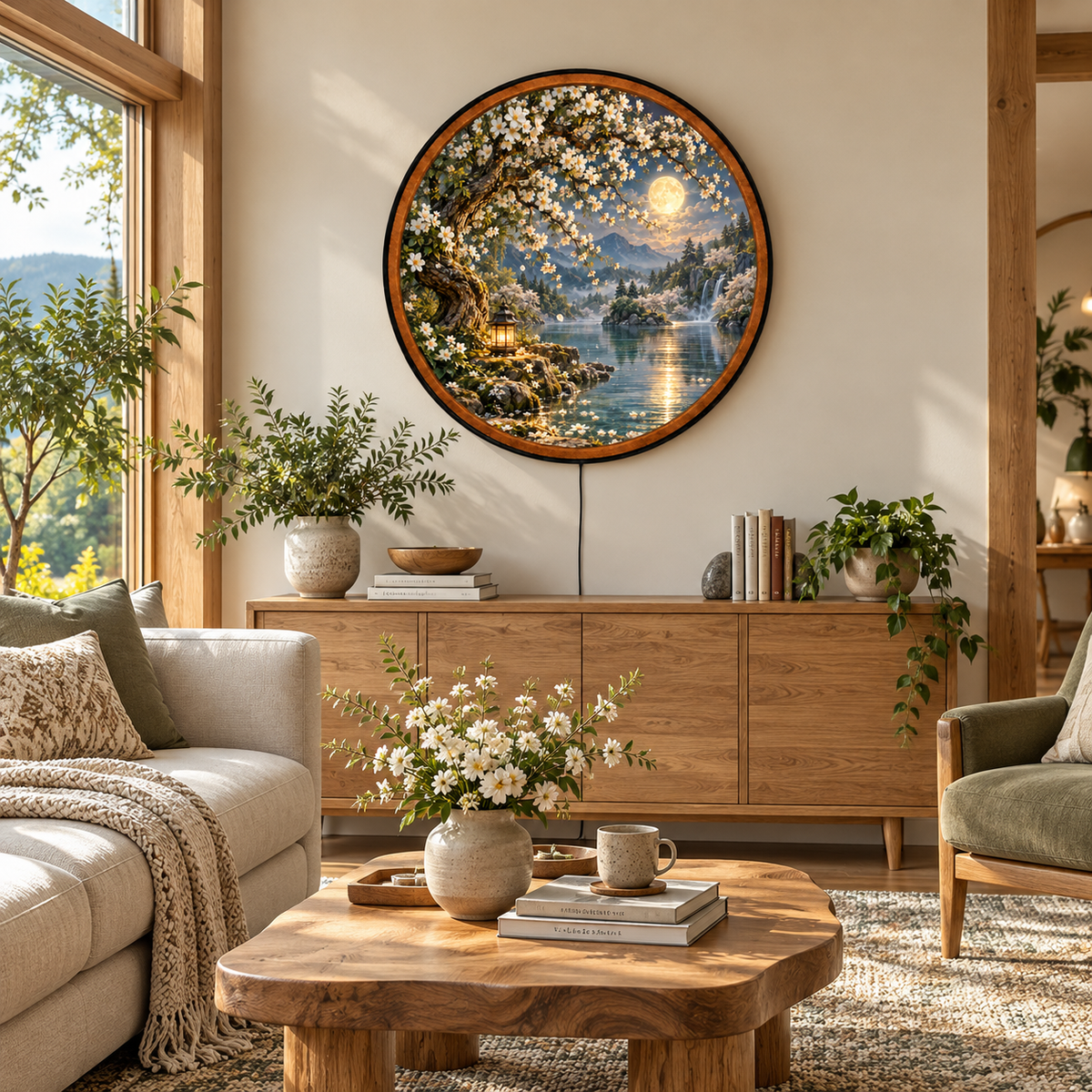 Moonlit Blossom Sanctuary – Handcrafted Round LED Wall Art