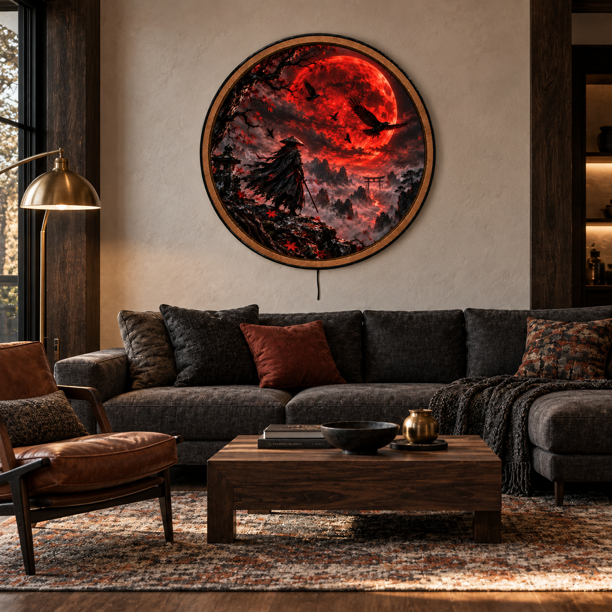 Handcrafted Crimson Moon Samurai Fantasy LED Wall Art