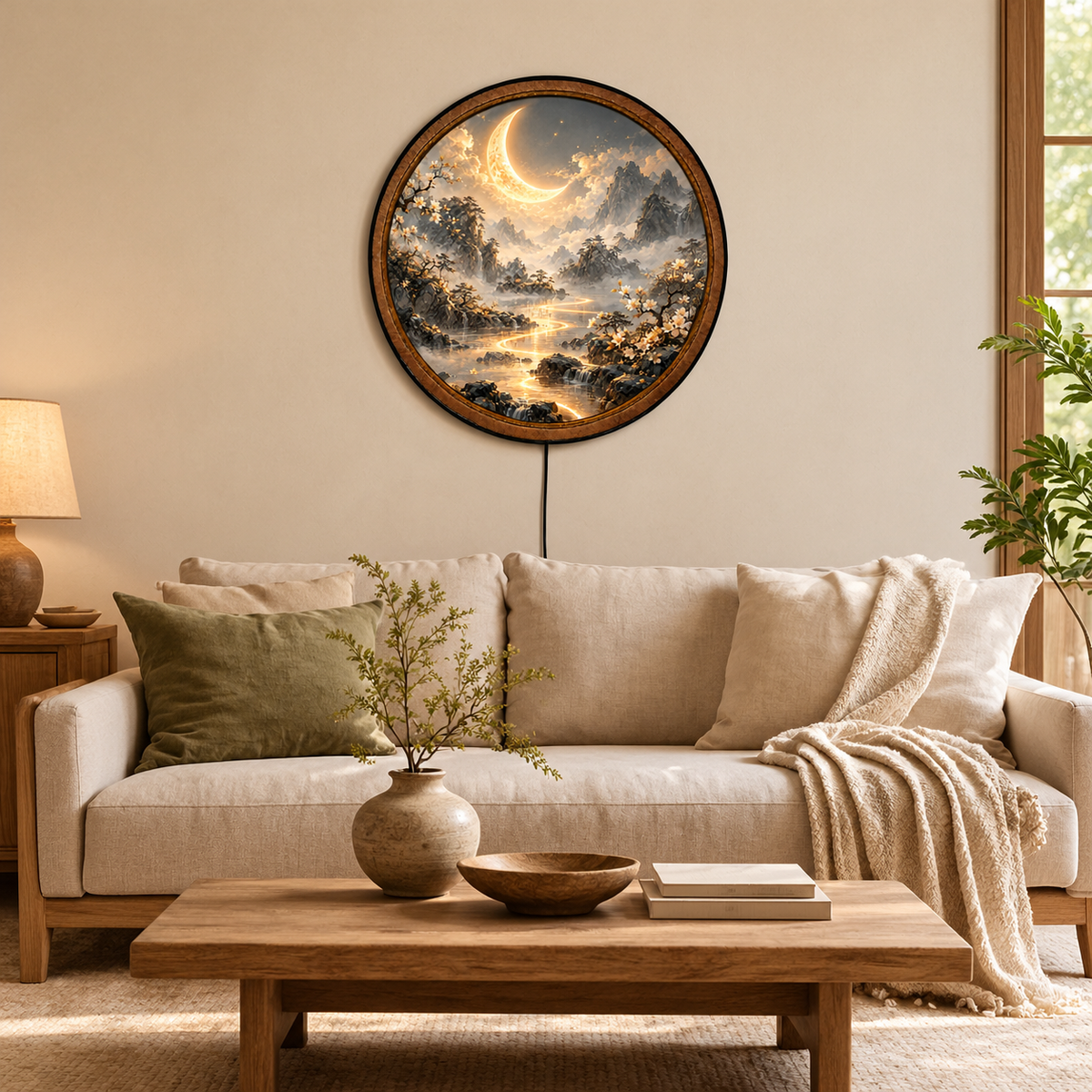 Handcrafted Golden Crescent Moon LED Wall Art – Moonlit Mountain Landscape & Japanese Zen