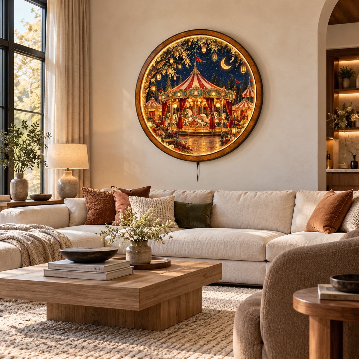 Enchanted Moonlight Carousel – Fantasy Round LED Wall Art