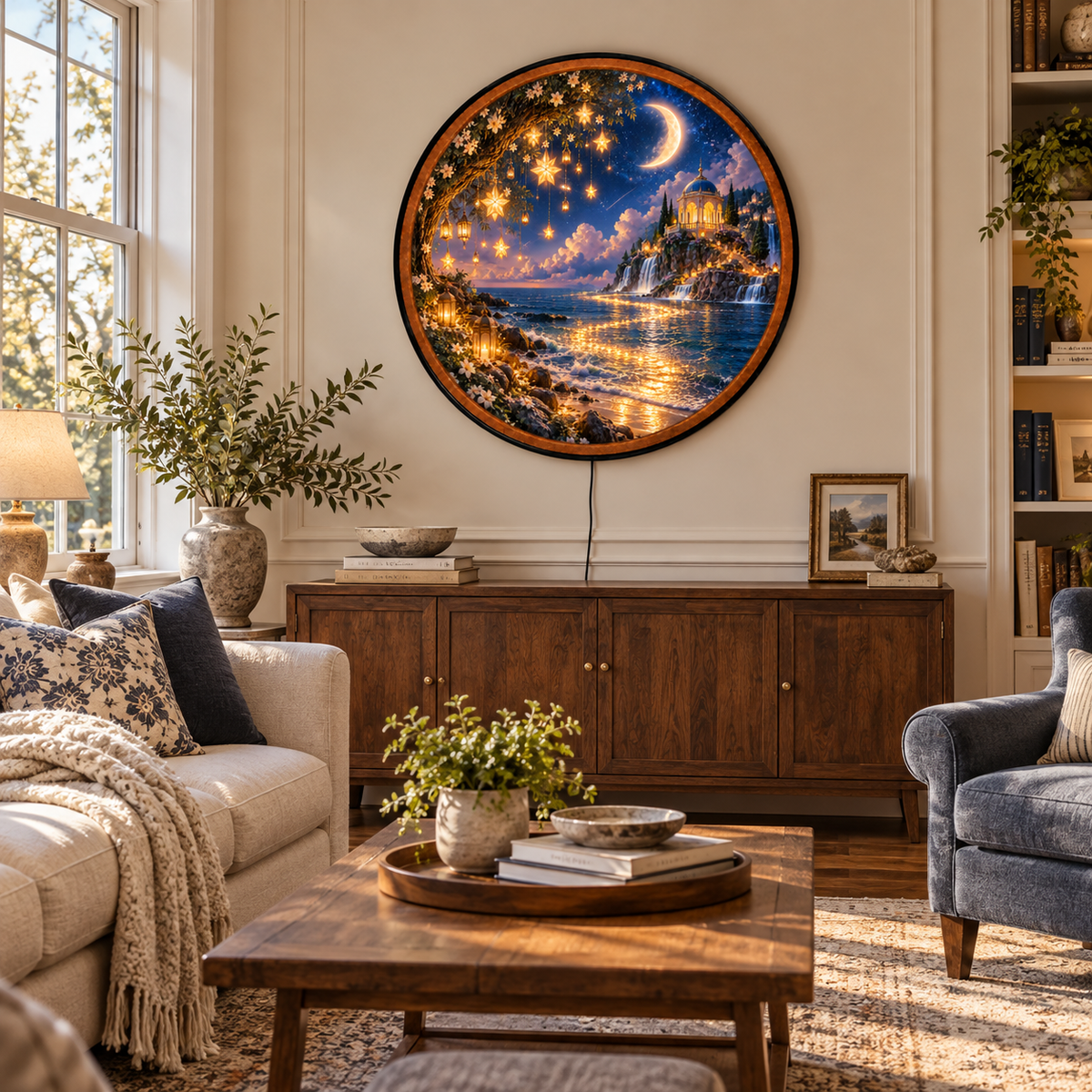 Starlit Moonlight Cove – Handcrafted Round LED Wall Art